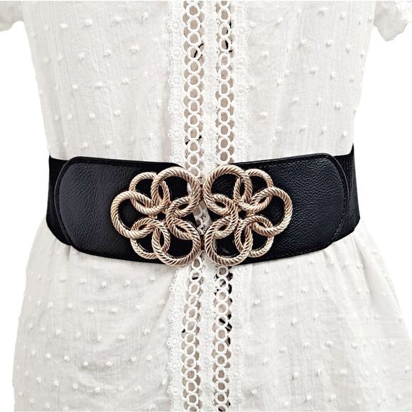 Black faux leather Gold swirls buckle corset elastic wide waist dress Belt - Picture 1 of 13